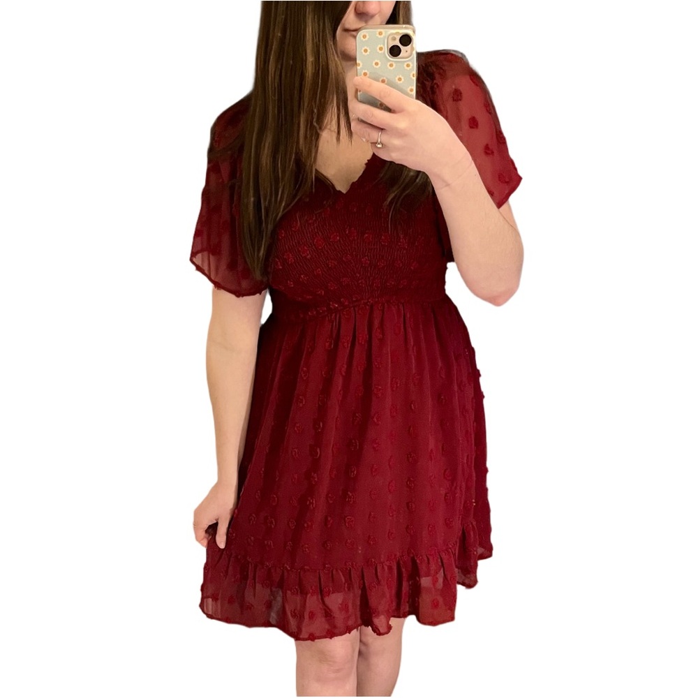 Red Swiss Dot Burgundy Sundress w/ Flutter Sleeves and V-Neck for Wedding Guest - Picture 2 of 8